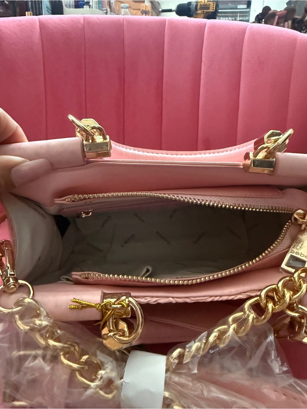 bebe Pink Textured Satchel with Gold Hardware and Charm - Picture 3 of 5